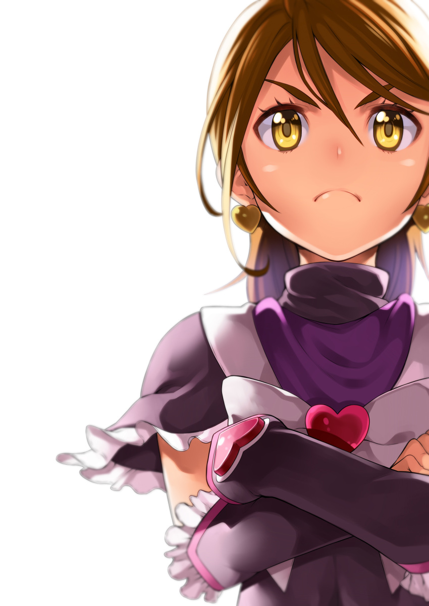 1girl absurdres blush brooch brown_eyes brown_hair crossed_arms cure_black earrings fingerless_gloves futari_wa_precure futari_wa_precure_max_heart gloves heart heart_brooch heart_earrings highres jewelry looking_at_viewer magical_girl midriff misumi_nagisa orange_hair precure short_hair simple_background solo white_background yuuzii