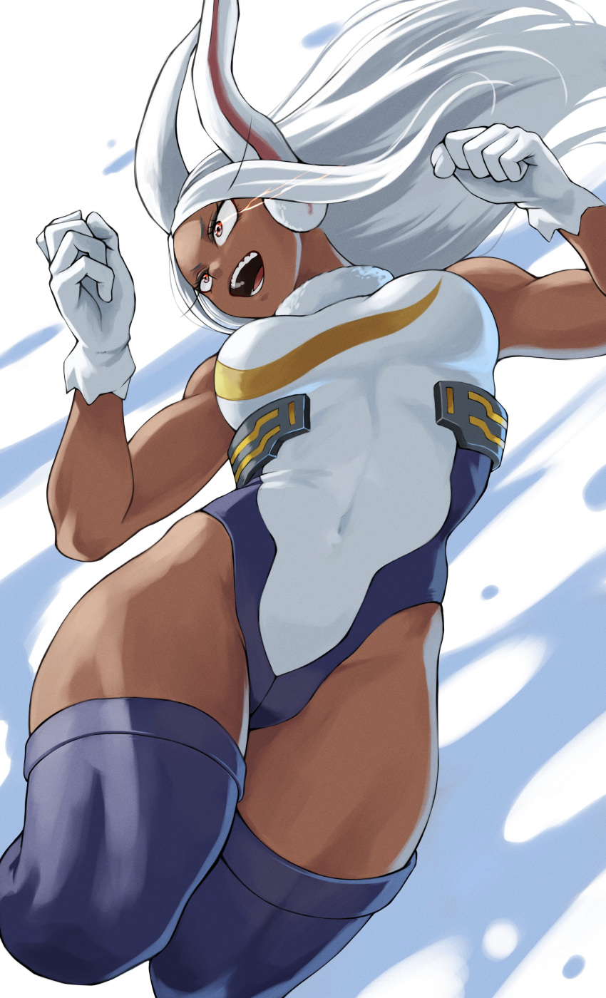 1girl absurdres animal_ears blue_thighhighs boku_no_hero_academia covered_navel crescent_print dark-skinned_female dark_skin fengling_(furin-jp) gloves highleg highleg_leotard highres jumping leotard long_eyelashes long_hair midair mirko muscular muscular_female open_mouth rabbit_ears rabbit_girl red_eyes sleeveless sleeveless_turtleneck sleeveless_turtleneck_leotard solo superhero thighhighs toned turtleneck turtleneck_leotard white_gloves white_hair white_leotard