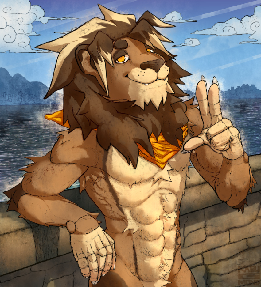 2023 5_fingers anthro blonde_hair brick brick_wall brown_body brown_fur brown_hair building city claws cloud colored day detailed_background digital_drawing_(artwork) digital_media_(artwork) eyebrows felid feline fingers fur gesture hair half-closed_eyes hi_res horizon kasu_g_mond light lion looking_at_viewer male mammal mane mane_hair mostly_nude mount mountain muscular muscular_anthro muscular_male narrowed_eyes outside pantherine scarf scarf_only sea seaside shaded shadow sky smile solo sunlight teeth text v_sign wall_(structure) water yellow_eyes yellow_scarf