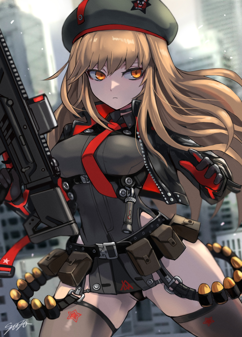 1girl assault_rifle belt beret black_gloves black_headwear black_jacket black_leotard black_thighhighs blurry blurry_background breasts brown_eyes brown_hair building closed_mouth gloves goddess_of_victory:_nikke gun hat highleg highleg_leotard highres holding holding_gun holding_weapon jacket leotard long_hair necktie outdoors rapi_(nikke) red_gloves red_necktie rifle signature solo sunao_(70_the) thighhighs two-tone_gloves weapon zettai_ryouiki