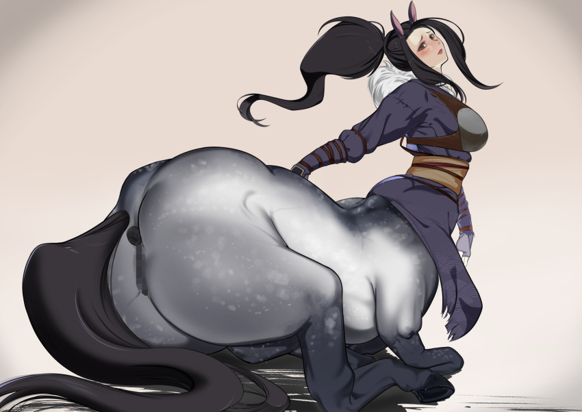 1girl animal_ears anus ass blue_kimono blush breasts censored centaur closed_mouth commentary_request commission fingerless_gloves full_body fur_trim gauntlets gloves highres hooves horse_ears horse_tail imaani japanese_clothes kimono large_breasts long_bangs long_hair looking_at_viewer monster_girl mosaic_censoring multiple_legs muneate obi original ponytail purple_eyes pussy sash sidelocks sitting skeb_commission solo tail taur