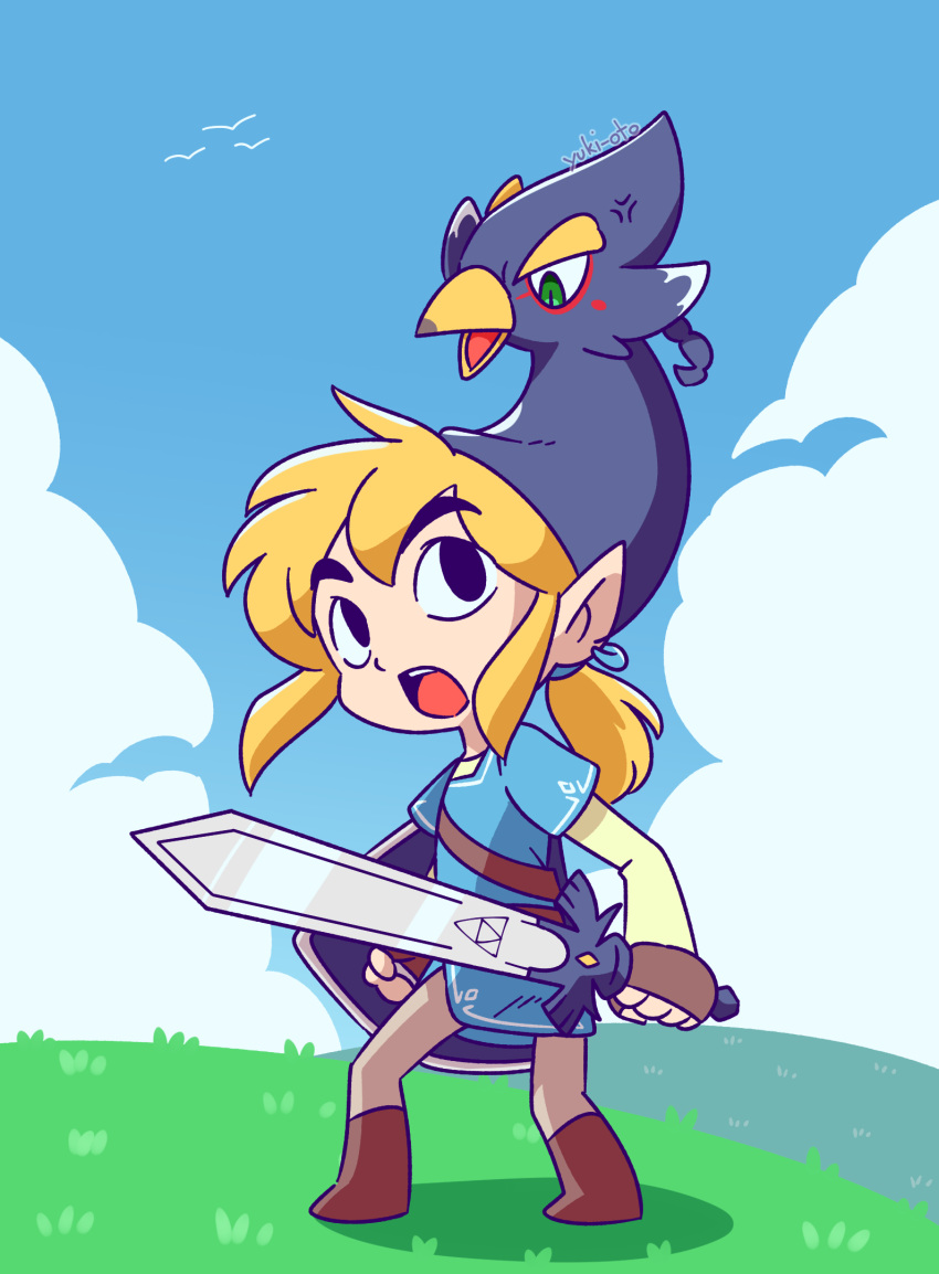 2022 annoyed avian beak blonde_hair breath_of_the_wild clothing cloud day duo ear_piercing ear_ring elf fingerless_gloves footwear gloves grass hair handwear hi_res holding_object holding_sword holding_weapon humanoid humanoid_pointy_ears hylian light_body light_skin male master_sword melee_weapon minish_cap nintendo open_mouth piercing plant ponytail revali ring_piercing sword the_legend_of_zelda toon_link weapon wind_waker yuki_oto