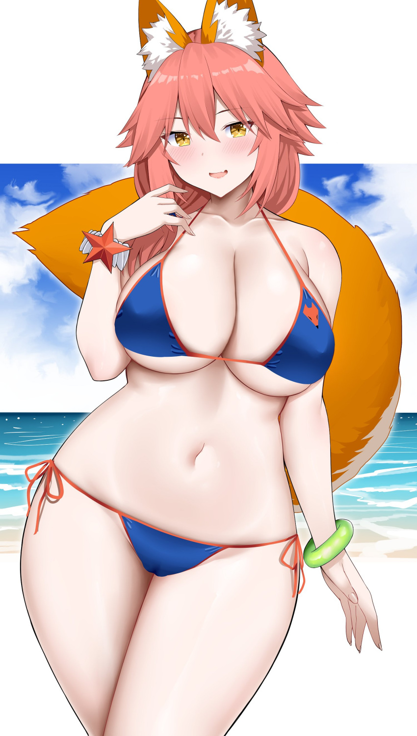 1girl absurdres animal_ears arind_yudha bangle bare_shoulders bikini blue_bikini bracelet breasts cleavage collarbone commentary fate/grand_order fate_(series) fox_ears fox_girl fox_tail highres huge_breasts jewelry looking_at_viewer navel open_mouth pink_hair side-tie_bikini_bottom smile solo star_ornament stomach swimsuit tail tamamo_(fate) tamamo_no_mae_(fate/extra) tamamo_no_mae_(swimsuit_lancer)_(fate) thighs white_background wristband yellow_eyes