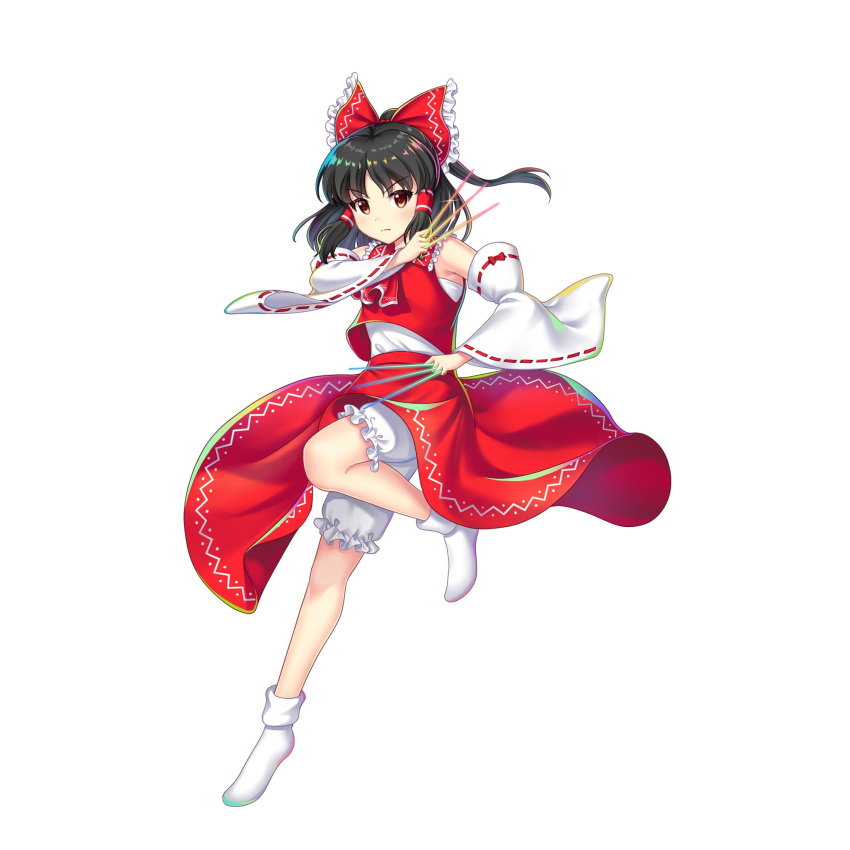 1girl black_hair bloomers bow brown_eyes closed_mouth detached_sleeves full_body game_cg hair_bow hair_tubes hakurei_reimu highres leg_up looking_at_viewer medium_hair needle perfect_cherry_blossom red_bow red_skirt red_vest ribbon-trimmed_sleeves ribbon_trim rotte_(1109) shirt sidelocks simple_background skirt socks solo third-party_source touhou touhou_lost_word underwear v-shaped_eyebrows vest white_background white_shirt white_socks wide_sleeves