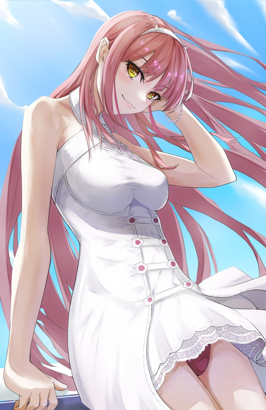 1girl bare_shoulders blue_sky blush breasts closed_mouth dress fate/grand_order fate_(series) hairband highres kugiseiichi long_hair looking_at_viewer medb_(fate) medb_(lostroom_outfit)_(fate) medium_breasts panties pink_hair pink_panties sky smile solo underwear white_dress yellow_eyes