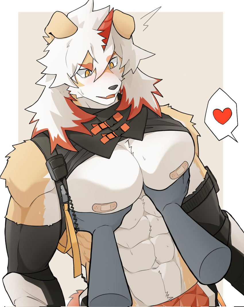 &lt;3 2023 abs ambiguous_gender anthro arknights blush canid canine canis domestic_dog duo fur hair hand_on_chest hi_res horn hung_(arknights) hypergryph male male/ambiguous mammal multicolored_body multicolored_fur multicolored_hair muscular muscular_anthro muscular_male orange_hair shirt_up studio_montagne takochinki tan_body tan_fur two_tone_body two_tone_fur two_tone_hair white_body white_fur white_hair