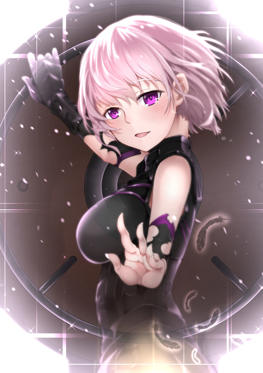 1girl breasts eyebrows_hidden_by_hair fate/grand_order fate_(series) highres holding holding_shield holding_weapon kagura_ren looking_at_viewer mash_kyrielight open_mouth pink_hair purple_eyes reaching reaching_towards_viewer shield short_hair smile solo torn_clothes weapon