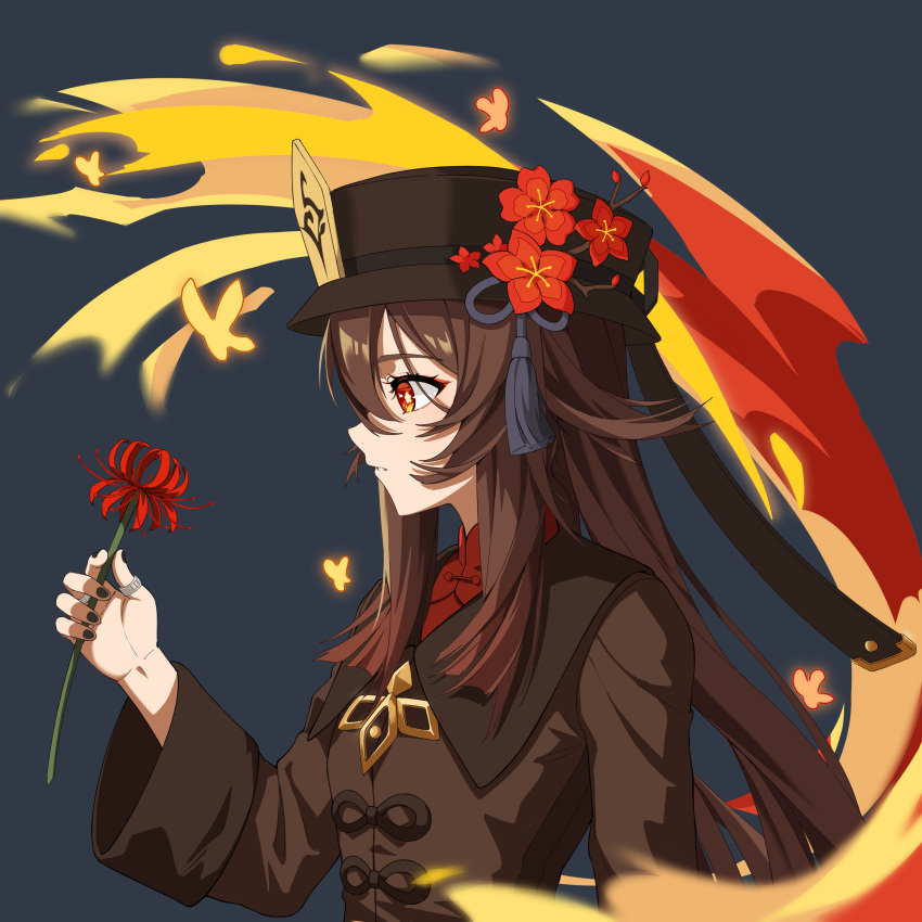 1girl absurdres black_headwear black_nails brown_coat brown_hair coat dark_background fire flower flower-shaped_pupils genshin_impact hat hat_flower hat_tassel highres holding holding_flower hu_tao_(genshin_impact) jewelry long_hair long_sleeves man_ge mandarin_collar multiple_rings orange_eyes parted_lips profile red_flower ring simple_background solo spider_lily symbol-shaped_pupils twintails upper_body