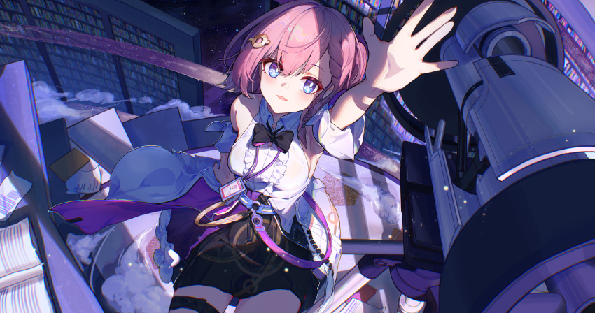 1girl absurdres arm_up armpits asta_(honkai:_star_rail) belt black_bow black_skirt blue_eyes blush book bow braid breasts center_frills chinese_commentary collared_shirt cowboy_shot detached_sleeves frills hair_ornament hairpin hanayabaka highres honkai:_star_rail honkai_(series) id_card looking_up miniskirt open_hand paper parted_lips pink_hair shirt sitting skirt solo telescope thigh_strap white_shirt