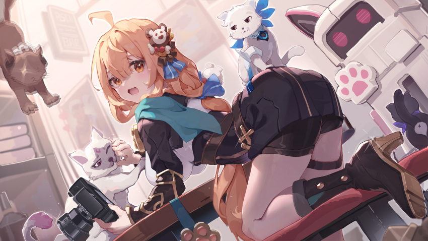 1girl ahoge animalization asc11 ass bent_over black_footwear black_shorts blonde_hair boots breasts camera cat hair_between_eyes hair_ornament high_heel_boots high_heels highres holding holding_camera honkai_(series) honkai_impact_3rd indoors large_breasts li_sushang long_hair long_sleeves looking_at_viewer on_one_knee open_mouth rita_rossweisse shorts stan_(honkai_impact) susannah_(honkai_impact) susannah_(valkyrie_quicksand) table yellow_eyes