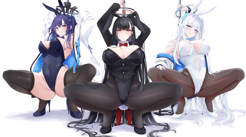 3girls alternate_costume animal_ears arms_up bare_shoulders black_footwear black_gloves black_hair black_leotard black_pantyhose blue_archive blue_eyes blue_nails blush bow bowtie breasts brown_pantyhose cameltoe commentary covered_navel detached_collar fake_animal_ears fake_tail full_body gloves groin groin_tendon hair_ornament hairband halo hand_on_own_leg high_heels highleg highleg_leotard highres holding holding_pole jacket jacket_partially_removed large_breasts legs_apart leotard long_hair long_sleeves looking_at_viewer mechanical_halo multiple_girls nail_polish noa_(blue_archive) off_shoulder open_clothes open_jacket pantyhose parted_lips playboy_bunny pole pole_dancing pumps purple_eyes purple_hair rabbit_ears rabbit_tail red_bow red_bowtie red_eyes rio_(blue_archive) smile spread_legs squatting stripper_pole symbol-only_commentary tail thighhighs thighs two-sided_fabric two-sided_jacket two_side_up white_footwear white_hair white_hairband white_jacket white_leotard yoru0409 yuuka_(blue_archive)