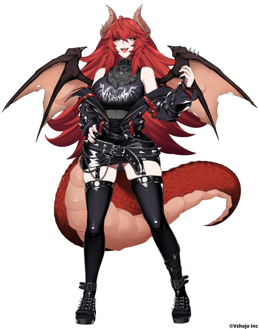 1girl akagi_(sk0127aho) black_footwear black_jacket black_nails black_thighhighs breasts copyright_name cropped_jacket cropped_shirt cross cross_necklace dragon_girl dragon_horns dragon_tail dragon_wings highres horns jacket jewelry large_breasts long_hair looking_at_viewer nail_polish necklace o-ring o-ring_legwear official_art open_mouth red_hair shirt sidelocks sleeveless sleeveless_shirt smile solo spiked_boots tail thighhighs virtual_youtuber vshojo wings yellow_eyes zentreya zentreya_(dragon) zentreya_(dragon)_(3rd_costume)