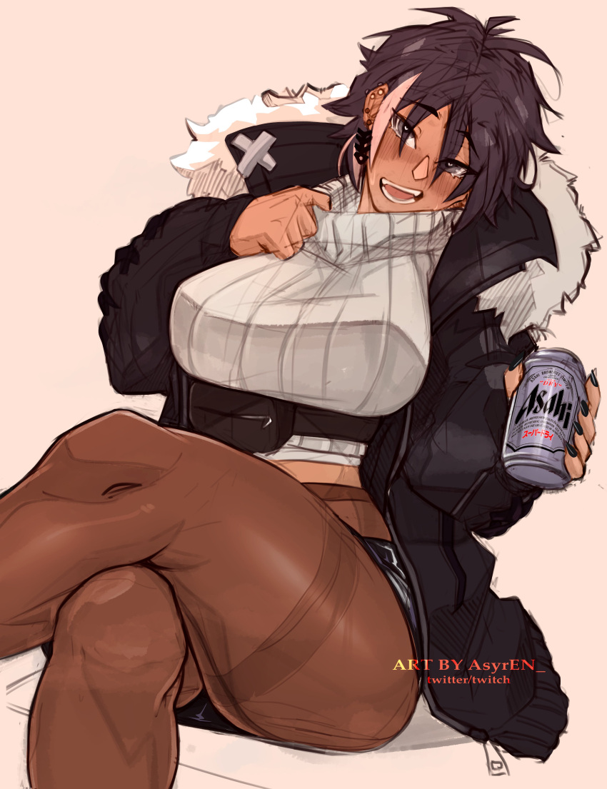 1girl absurdres alcohol artist_name beer beer_can black_nails blush bon_(vtuber) breasts can crossed_legs dark-skinned_female dark_skin ear_piercing english_commentary grey_eyes heart heart-shaped_pupils highres holding holding_can indie_virtual_youtuber jacket large_breasts looking_at_viewer messy_hair notanubi open_mouth pantyhose piercing short_hair sitting solo sweater symbol-shaped_pupils teeth tongue twitter_username virtual_youtuber watermark