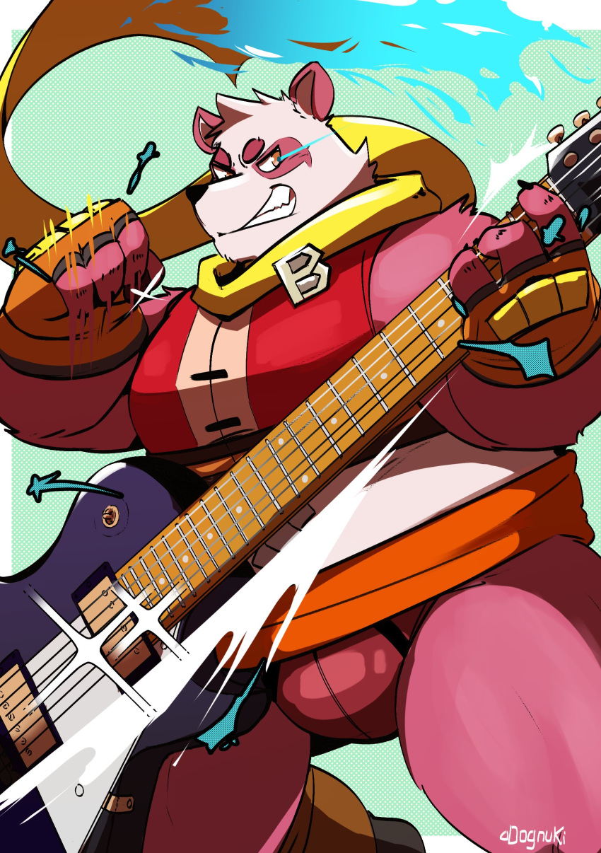 2023 absurd_res anthro bear black_nose clothing giant_panda guitar hi_res humanoid_hands kemono male mammal musical_instrument overweight overweight_male pink_body plucked_string_instrument realiron_(artist) scarf solo string_instrument underwear