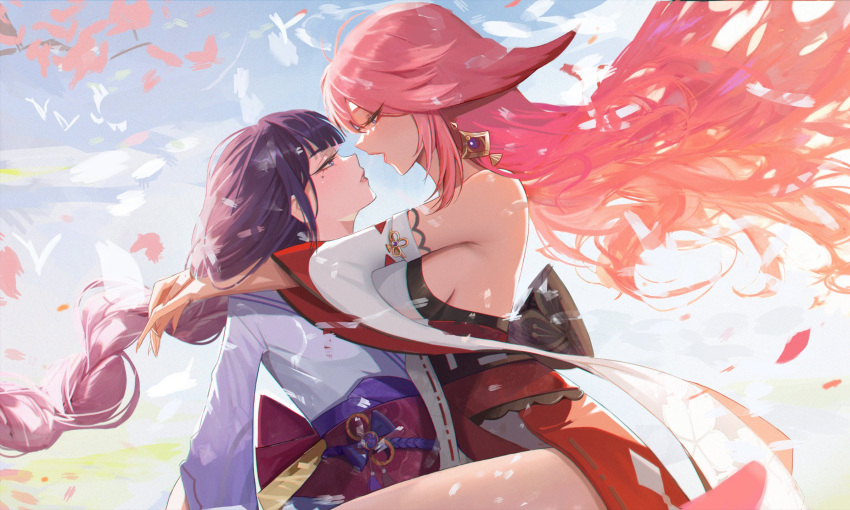 2girls animal_ears arms_around_neck braid breasts earrings english_commentary face-to-face fingernails floating_hair fox_ears fox_girl genshin_impact highres jewelry leaf long_hair long_sleeves looking_at_another mole mole_under_eye multiple_girls neorarty open_mouth outdoors parted_lips pink_hair purple_eyes purple_hair raiden_shogun sideboob sitting sky yae_miko yuri
