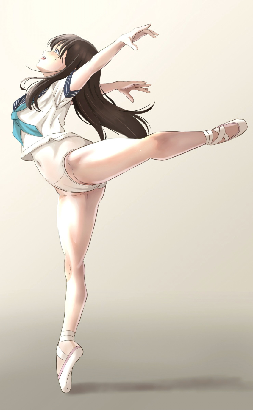 1girl akebi-chan_no_serafuku akebi_komichi arched_back arms_behind_back arms_up ballet_slippers black_hair blue_eyes blue_neckerchief blue_sailor_collar en_pointe full_body gradient_background grey_background groin highres legs leotard leotard_under_clothes long_hair looking_afar looking_up monta navel neckerchief open_mouth profile roubai_academy_school_uniform_(old) sailor_collar school_uniform serafuku shirt solo standing standing_on_one_leg teeth thighs tiptoes upper_teeth_only white_footwear white_leotard white_shirt