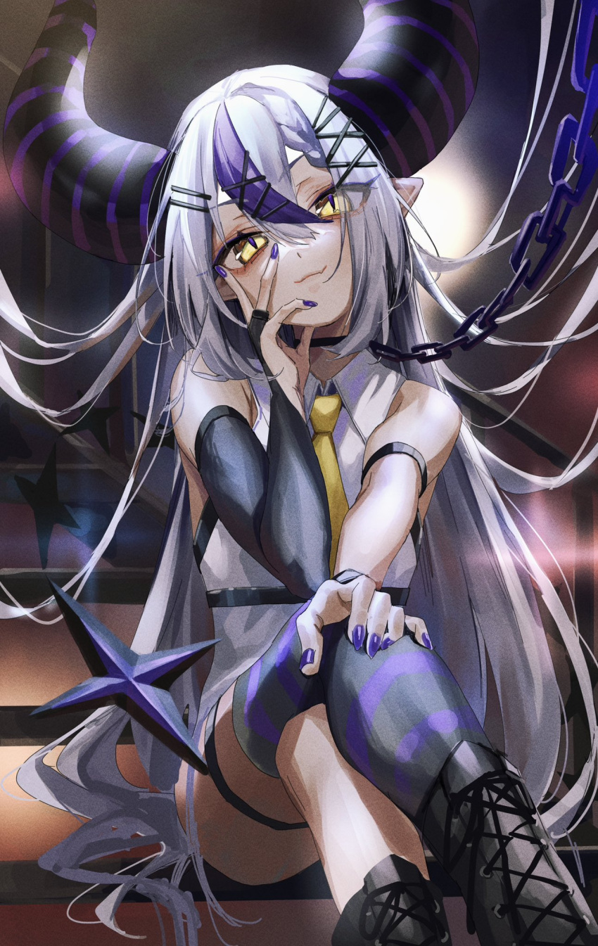 1girl :3 bare_shoulders boots chain crossed_legs grey_hair hair_between_eyes hair_ornament hairclip highres hololive horns la+_darknesss long_hair looking_at_viewer misekiss multicolored_hair necktie pointy_ears purple_hair purple_nails purple_thighhighs single_thighhigh sitting sleeveless smile solo streaked_hair thighhighs two-tone_hair very_long_hair virtual_youtuber yellow_eyes