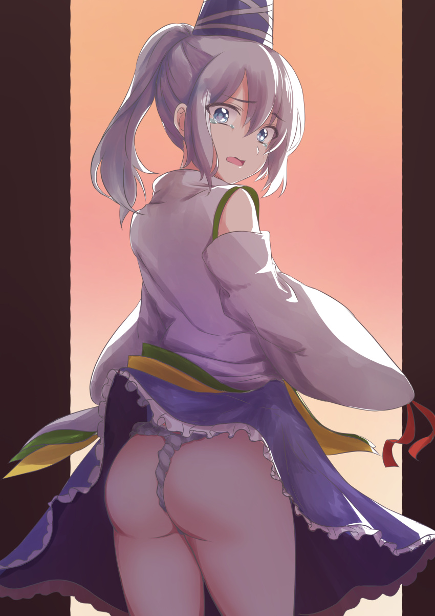 1girl absurdres ass blue_eyes blue_headwear blue_skirt commentary_request commission coonel-place frilled_skirt frills from_behind fundoshi grey_hair hat highres japanese_clothes kariginu long_sleeves looking_at_viewer looking_back medium_hair mononobe_no_futo open_mouth orange_background ponytail skirt solo tate_eboshi tearing_up touhou wide_sleeves