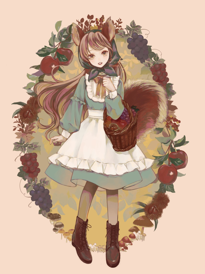 1girl animal_ears apple apron basket black_footwear boots brown_eyes brown_hair collared_dress dress enahamaru food fruit full_body grapes green_dress grey_pantyhose head_scarf highres holding holding_basket leaf long_hair long_sleeves looking_at_viewer mushroom neck_ribbon original pantyhose parted_lips ribbon solo squirrel_ears squirrel_girl squirrel_tail tail white_apron