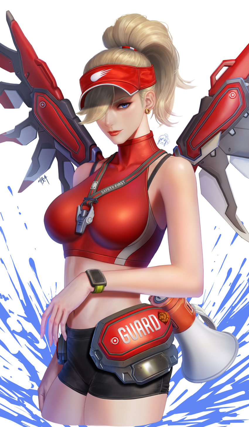 1girl absurdres black_shorts blonde_hair blue_eyes closed_mouth earrings english_text eruthu hat high_ponytail highres jewelry lifeguard lipstick makeup mercy_(overwatch) midriff official_alternate_costume overwatch overwatch_2 ponytail red_headwear red_wings short_shorts shorts simple_background solo standing upper_body watch water whistle whistle_around_neck white_background wings wristwatch