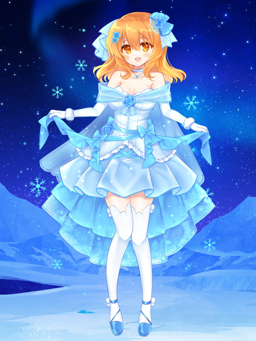 1girl :d blue_flower blue_footwear blue_rose breasts choker cleavage copyright_request dress elbow_gloves flower frilled_dress frills gloves hair_flower hair_ornament highres long_hair looking_at_viewer medium_breasts night night_sky official_art orange_eyes orange_hair outdoors rose shikito shoes sky smile snowflakes solo star_(sky) starry_sky thighhighs white_choker white_dress white_gloves white_thighhighs