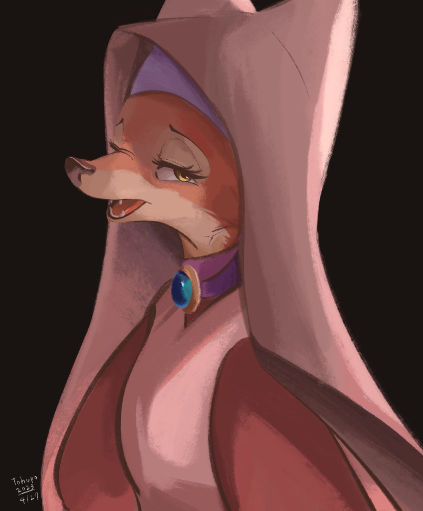 2023 anthro artist_name black_background brown_nose bust_portrait canid canine clothed clothing colored countershade_face countershading dated digital_media_(artwork) digital_painting_(artwork) disney eyebrows eyelashes facial_markings female fox fur furgonomic_headwear furgonomics head_markings headgear headwear hi_res jewelry looking_at_viewer maid_marian mammal markings open_mouth orange_body orange_fur pink_clothing portrait red_fox red_tongue robin_hood_(disney) simple_background solo teeth thin_eyebrows tohupo tongue white_body white_fur yellow_eyes