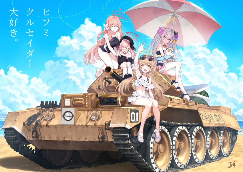 4girls ^_^ absurdres arm_up azusa_(blue_archive) azusa_(swimsuit)_(blue_archive) baek_hyang beach bikini blue_archive blue_sky bow closed_eyes closed_mouth cloud commentary_request crusader_(tank) day eyewear_on_head flower frilled_bikini frills hair_bow hair_flower hair_ornament halo hanako_(blue_archive) hifumi_(blue_archive) hifumi_(swimsuit)_(blue_archive) highres kneeling koharu_(blue_archive) long_hair looking_at_viewer military military_vehicle motor_vehicle multiple_girls ocean outdoors peroro_(blue_archive) pink_hair sand school_uniform serafuku sitting sky smile sunglasses swimsuit tank translation_request twintails white_bikini white_bow