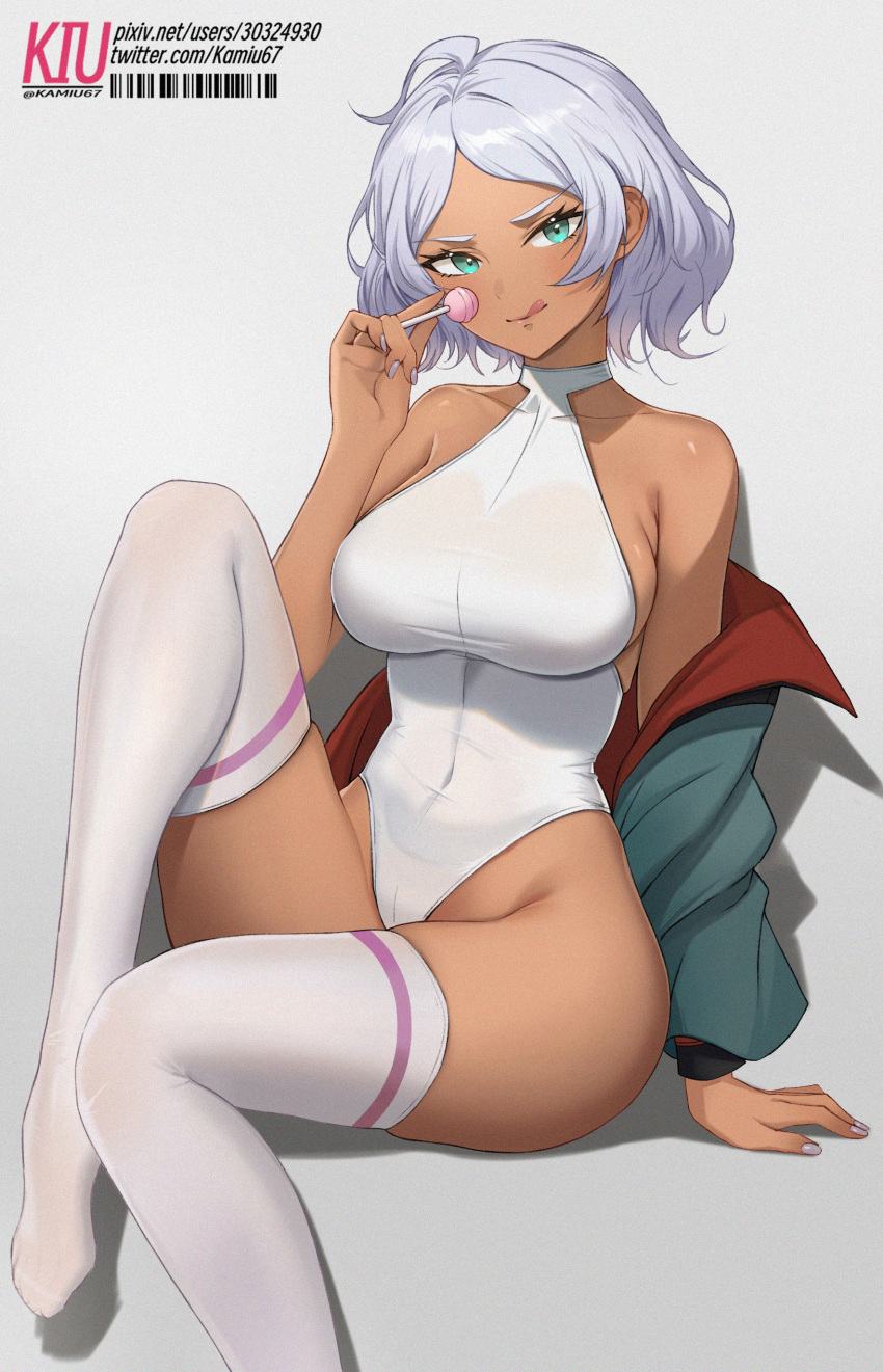 1girl :q absurdres aqua_eyes artist_name barcode bare_shoulders breasts candy closed_mouth collarbone covered_navel dark-skinned_female dark_skin food foot_out_of_frame grey_hair gundam gundam_suisei_no_majo highleg highres holding holding_candy holding_food holding_lollipop jacket kiu6 large_breasts leotard lollipop long_sleeves looking_at_viewer off_shoulder open_clothes open_jacket pixiv_id secelia_dote short_hair simple_background sitting smile solo thighhighs thighs tongue tongue_out white_leotard white_thighhighs