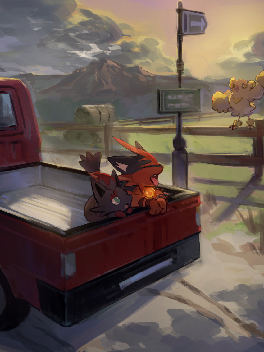 :o absurdres bright_pupils closed_eyes cloud fang fence green_eyes highres maumaujanken motor_vehicle no_humans open_mouth oricorio outdoors pickup_truck pokemon pokemon_(creature) sign sky tongue torracat truck white_pupils zorua