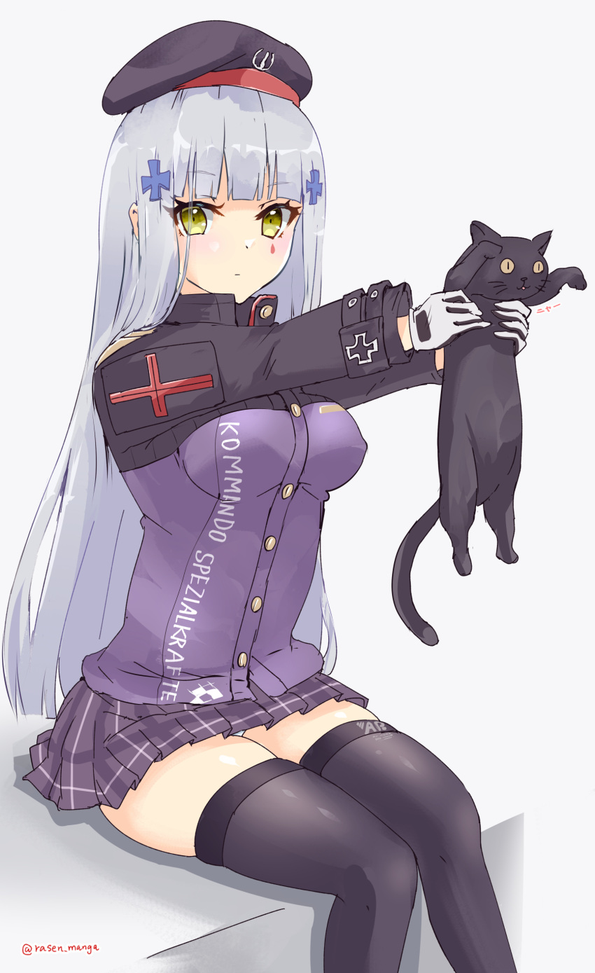 1girl 416_day absurdres animal artist_name beret black_cat black_gloves black_headwear black_jacket black_thighhighs blunt_bangs blush breasts cat cross cross_hair_ornament expressionless facial_mark feet_out_of_frame girls'_frontline gloves grey_hair hair_ornament hat highres hk416_(girls'_frontline) holding holding_animal holding_cat iron_cross jacket large_breasts long_hair long_sleeves longcat_(meme) looking_at_viewer meme multicolored_clothes multicolored_jacket panties pantyshot plaid plaid_skirt purple_jacket purple_skirt rasen_manga simple_background skindentation skirt solo teardrop_facial_mark thighhighs thighs twitter_username two-sided_gloves two-tone_gloves two-tone_jacket underwear very_long_hair white_background white_gloves white_panties yellow_eyes