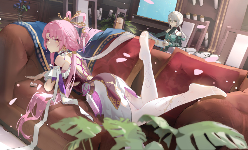 comet_(user_fjsa4577) fu_xuan_(honkai:_star_rail) grey_hair hair_between_eyes highres honkai:_star_rail honkai_(series) indoors lying off_shoulder on_stomach parted_bangs pink_hair qingque_(honkai:_star_rail) thighhighs white_thighhighs