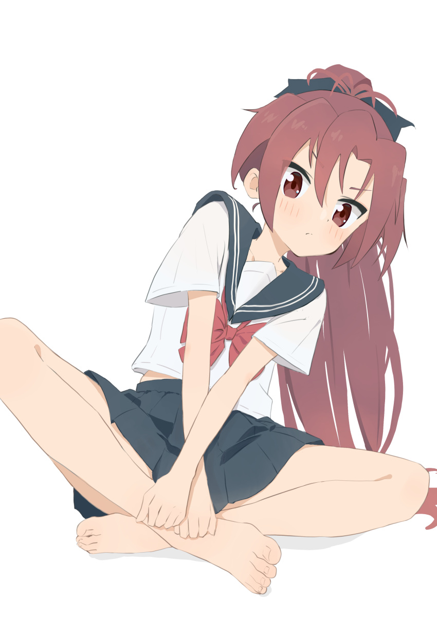 1girl absurdres bare_legs barefoot blush feet highres indian_style long_hair looking_at_viewer magia_record:_mahou_shoujo_madoka_magica_gaiden mahou_shoujo_madoka_magica red_eyes red_hair sakura_kyouko school_uniform simple_background sitting skirt solo tanaka3bom toes white_background