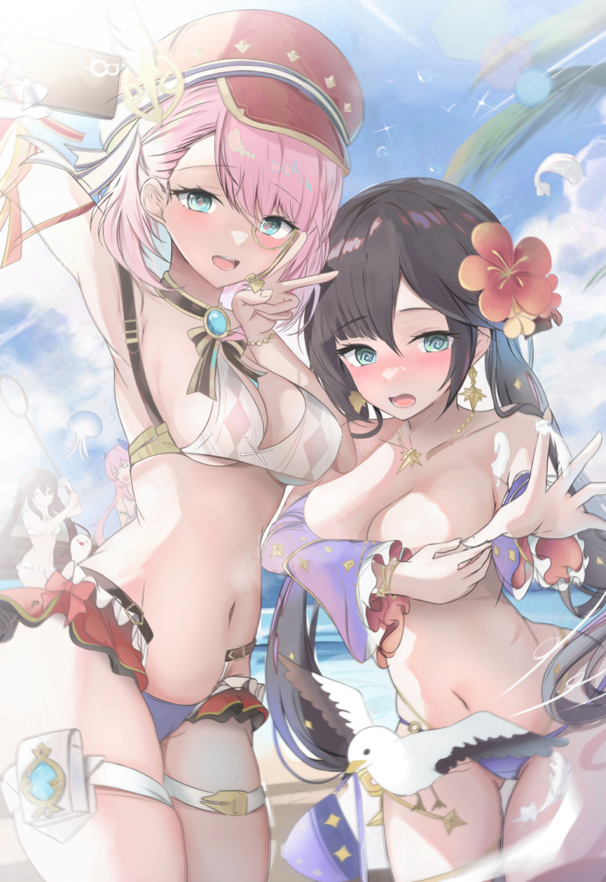 2girls alternate_costume bikini bird black_hair blue_bikini blush breasts charlotte_(genshin_impact) cleavage day english_commentary flower genshin_impact green_eyes hair_flower hair_ornament hat highres houraku large_breasts looking_at_viewer mixed-language_commentary mona_(genshin_impact) multiple_girls navel open_mouth outdoors pink_hair red_headwear smile swimsuit thighs