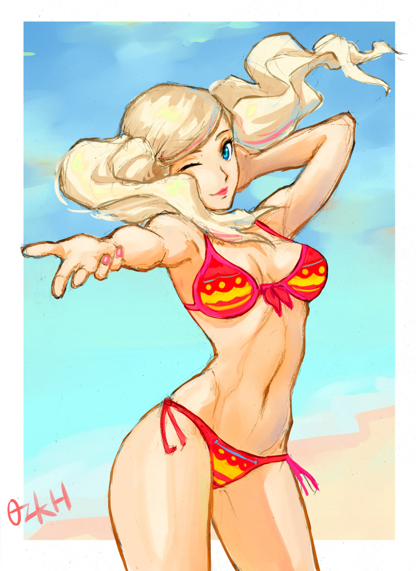 1girl absurdres arm_up artist_name beach bikini blonde_hair blue_eyes blue_sky border breasts closed_mouth contrapposto floating_hair highres long_hair medium_breasts medium_request navel one_eye_closed outstretched_arm ozkh persona persona_5 pink_nails red_bikini red_lips side-tie_bikini_bottom sky solo stomach swimsuit takamaki_anne traditional_media twintails white_border