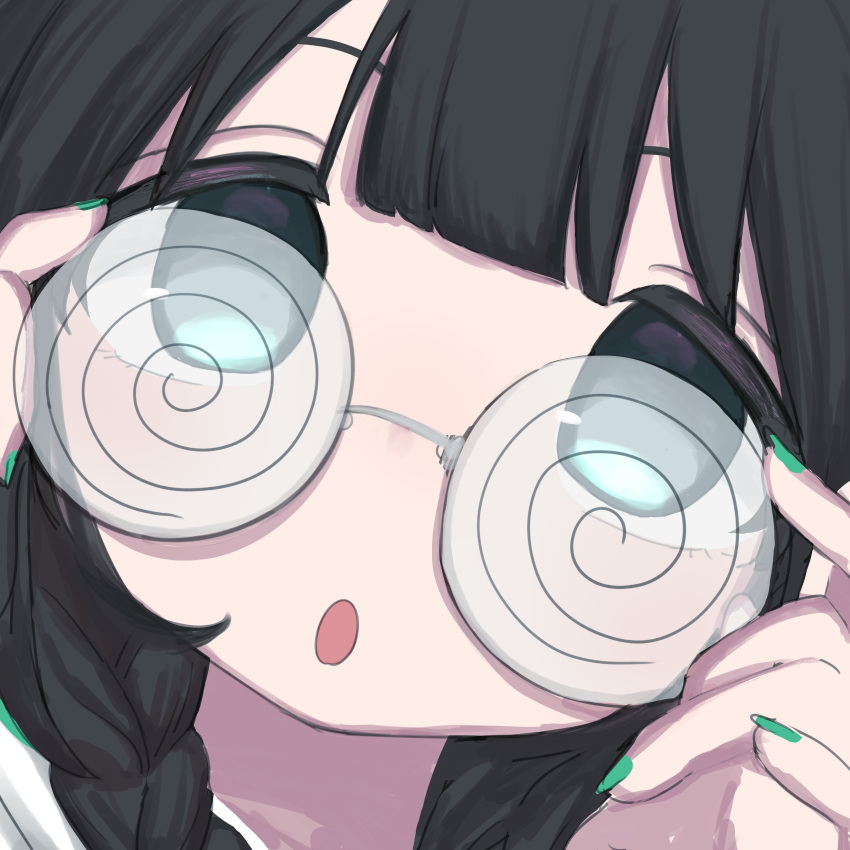 1girl :o absurdres black_hair braid coke-bottle_glasses fingernails glasses hands_on_eyewear highres idolmaster idolmaster_shiny_colors looking_at_viewer looking_over_eyewear nail_polish oalatao official_alternate_hair_color serizawa_asahi solo twin_braids