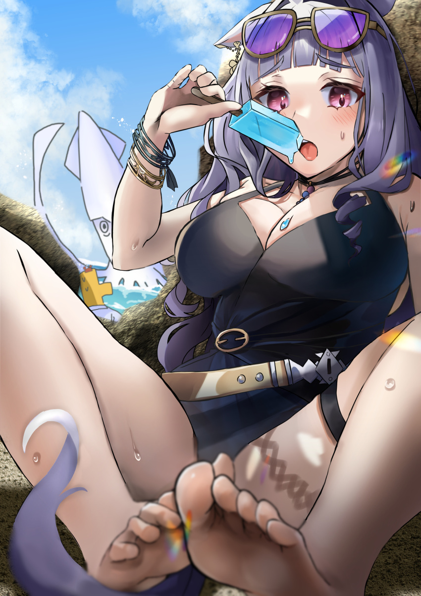 1boy 1girl absurdres against_rock animal_ears bare_shoulders barefoot black_one-piece_swimsuit blush bracelet breasts cleavage commentary_request ear_ornament eyewear_on_head feet food gold_ship_(run_revolt_launcher)_(umamusume) gold_ship_(umamusume) grey_hair highres holding holding_food horse_ears horse_girl horse_tail jewelry knees_up large_breasts long_hair looking_at_viewer one-piece_swimsuit open_mouth outdoors pink_eyes po_musubi popsicle soles solo_focus squid super_smashing_summer_vacation_(umamusume) swimsuit t-head_trainer tail thigh_strap toes umamusume