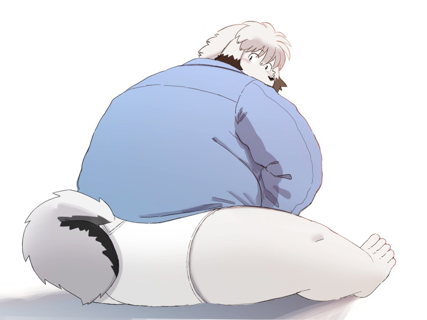 2023 anthro blush book_whitener butt canid canine canis clothing domestic_dog feet kemono male mammal monochrome_(series) overweight overweight_male shirt sitting solo sv_grart topwear underwear