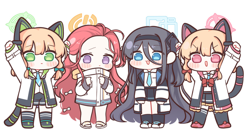 4girls animal_ear_headphones animal_ears arms_up black_hair black_hairband black_shorts black_skirt blonde_hair blue_archive blue_bow blue_eyes blue_halo blue_necktie blush bow cat_ear_headphones cat_ears cat_tail chibi cho_yang closed_mouth commentary fake_animal_ears fake_tail forehead game_development_department_(blue_archive) green_eyes green_halo hair_between_eyes hair_bow hairband halo headphones highres jacket long_hair long_sleeves low-tied_sidelocks midori_(blue_archive) miniskirt momoi_(blue_archive) multiple_girls multiple_hair_bows necktie one_side_up open_mouth orange_halo pink_eyes pink_halo purple_eyes red_bow red_hair short_hair shorts simple_background skirt tail transparent_background very_long_hair white_jacket