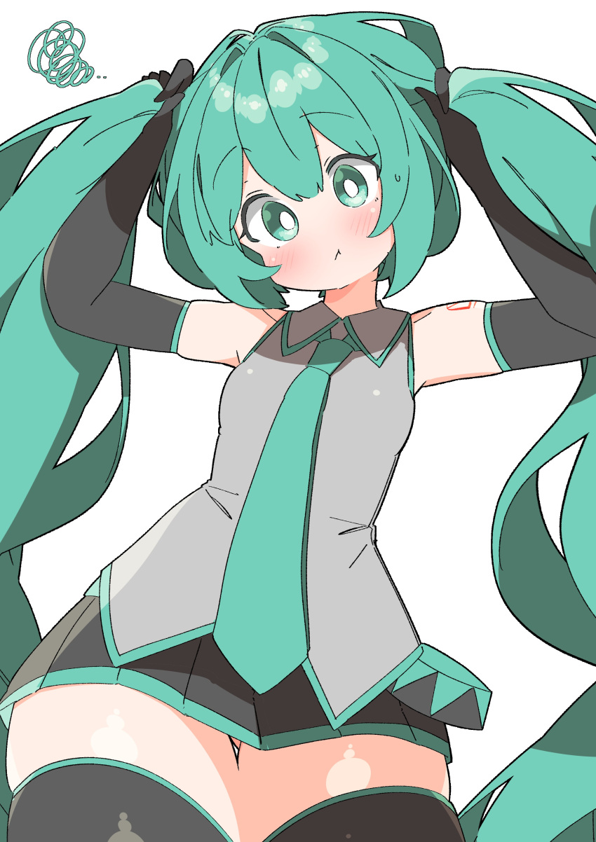 1girl :t absurdres aqua_eyes aqua_hair aqua_necktie blush cowboy_shot elbow_gloves gloves grey_shirt hair_between_eyes hand_in_own_hair hands_in_hair hatsune_miku highres long_hair looking_at_viewer necktie no_nose puffy_cheeks pulling_own_hair raised_eyebrows scribble shiny_skin shirt solo thick_thighs thighs twintails uruti_2388 very_long_hair vocaloid white_background wide-eyed zettai_ryouiki