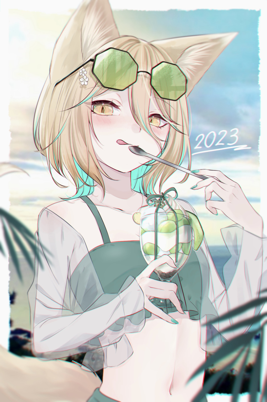 1girl 2023 animal_ears bikini blonde_hair eyewear_on_head fingernails food fox_ears fox_girl fox_tail green-tinted_eyewear green_bikini green_nails highres holding holding_spoon kudamaki_tsukasa mizore_arius nail_polish navel palm_leaf short_hair solo spoon stomach swimsuit tail tinted_eyewear tongue tongue_out touhou upper_body yellow_eyes