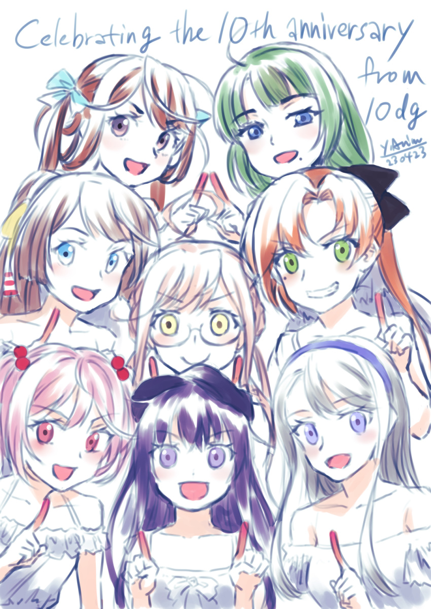 :d ahoge akatsuki_(kancolle) akigumo_(kancolle) alternate_costume anniversary arimura_yuu artist_name asagumo_(kancolle) blue_eyes blue_ribbon brown_hair collarbone dated dress english_text flat_cap glasses green_eyes green_hair grey_hair hair_bobbles hair_ornament hair_ribbon hairband hat highres index_finger_raised kantai_collection kazagumo_(kancolle) long_hair makigumo_(kancolle) mole mole_under_mouth off-shoulder_dress off_shoulder pink_eyes pink_hair ponytail purple_eyes purple_hair purple_hairband ribbon rimless_eyewear sagiri_(kancolle) sazanami_(kancolle) short_hair smile swept_bangs twintails upper_body white_dress yellow_eyes yuugumo_(kancolle)