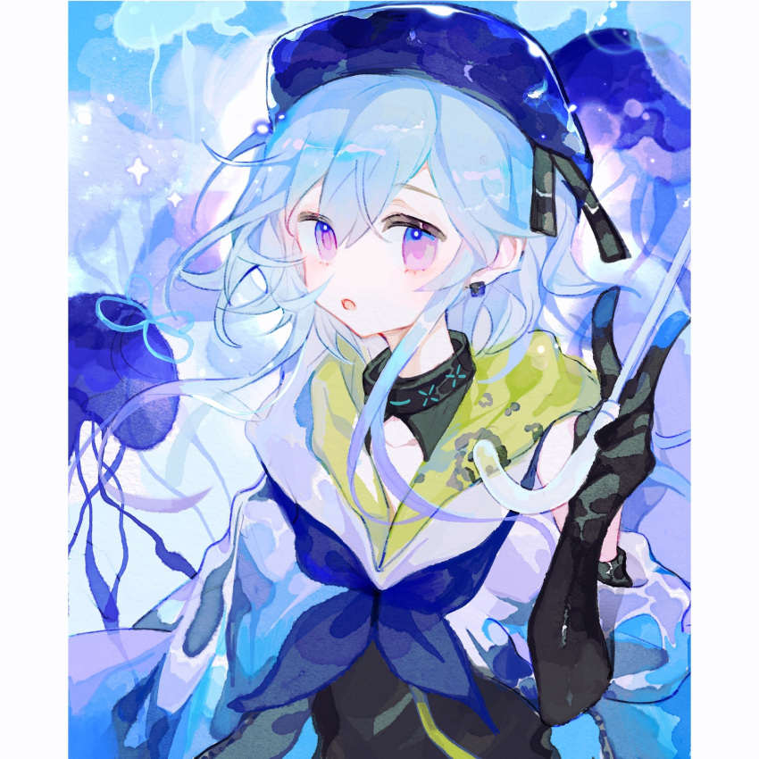 1boy :o arknights beret black_gloves black_shirt blue_bow blue_hair blue_headwear border bow clothing_cutout commentary earrings elbow_gloves english_commentary gloves gradient_background hat highres holding holding_umbrella hood hoodie infection_monitor_(arknights) jellyfish jewelry light_blue_hair looking_at_viewer male_focus mizuki_(arknights) multicolored_background nanaco_(nana11jellyfish) open_mouth purple_eyes purple_hair purple_hoodie shirt short_hair_with_long_locks shoulder_cutout sidelocks solo umbrella upper_body