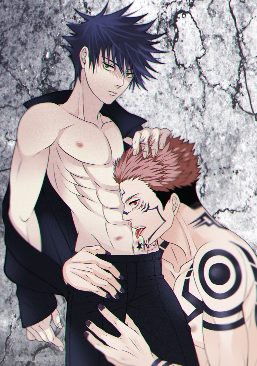 2boys abs arm_tattoo bite_mark black_hair black_jacket black_nails black_pants chest_tattoo collarbone commentary_request extra_eyes facial_tattoo fushiguro_megumi green_eyes hands_on_another's_thighs hickey highres jacket jujutsu_kaisen licking male_focus multiple_boys navel nipples open_clothes pants pink_hair red_eyes ryoumen_sukuna_(jujutsu_kaisen) sato_zero915 shoulder_tattoo star_tattoo tattoo toned toned_male tongue tongue_out topless_male yaoi
