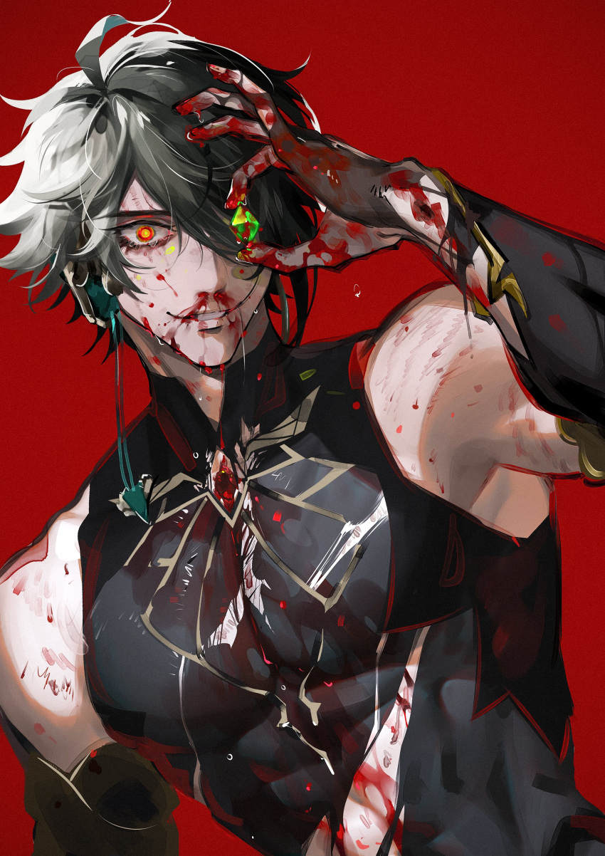 1boy absurdres alhaitham_(genshin_impact) black_gloves blood blood_on_clothes blood_on_face blood_on_hands detached_sleeves gem genshin_impact gloves godwkgodwk green_gemstone grin hair_over_one_eye highres holding holding_gem looking_at_viewer male_focus partially_fingerless_gloves red_background red_eyes simple_background smile solo sweat toned toned_male torn_clothes upper_body