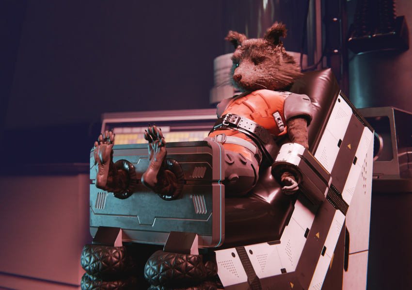 3d_(artwork) anthro bdsm bondage bound chair chair_bondage clothed clothing cuff_(restraint) digital_media_(artwork) feet foot_fetish furniture guardians_of_the_galaxy hi_res machine male mammal marvel procyonid raccoon ralic_turman restraints rocket_raccoon solo straps submissive