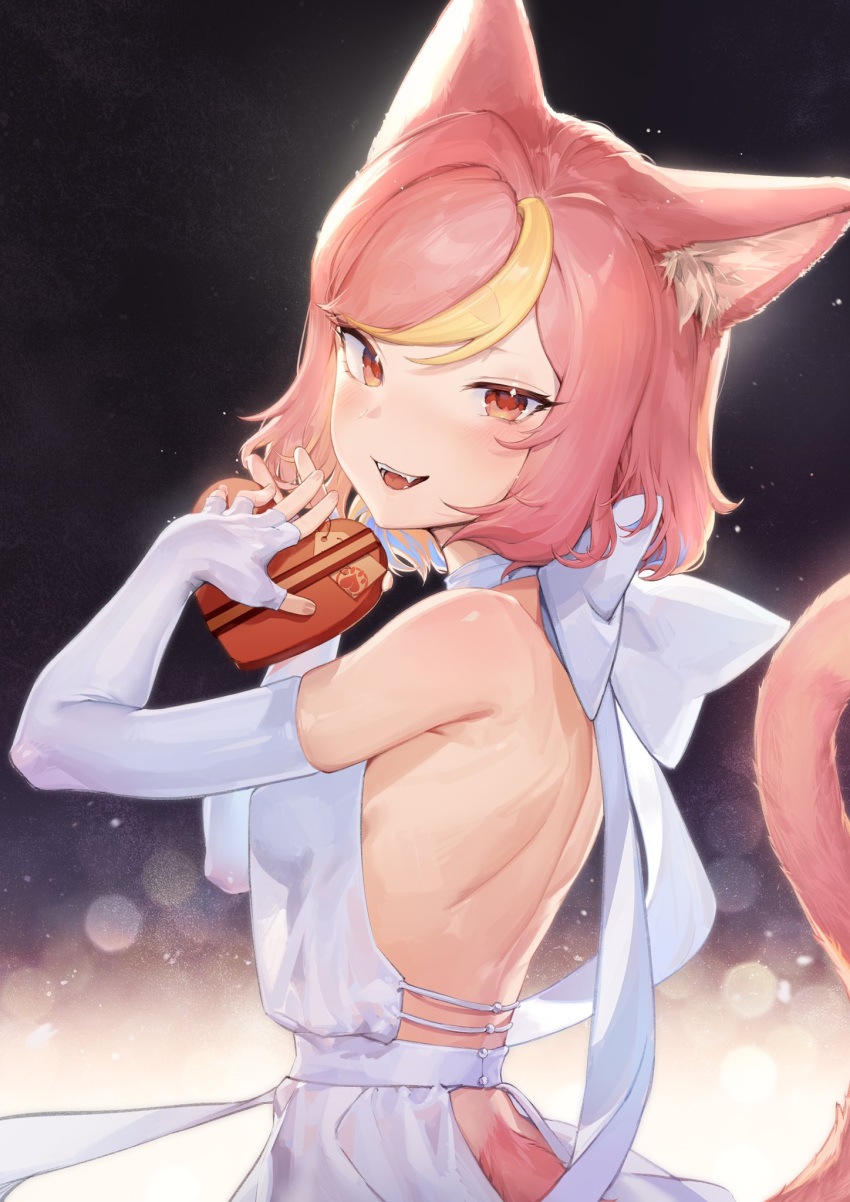 1girl :d animal_ear_fluff animal_ears backless_dress backless_outfit blonde_hair blush box breasts cat_ears cat_tail dress elbow_gloves fingerless_gloves from_side gift gift_box gloves heart-shaped_box highres holding holding_box lingxia looking_at_viewer looking_to_the_side multicolored_hair original pink_hair red_eyes short_hair small_breasts smile solo streaked_hair tail tail_raised white_dress
