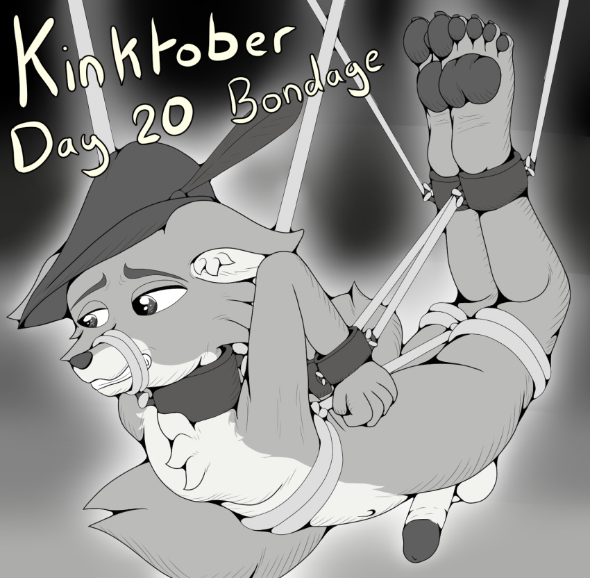 anthro barefoot bdsm black_and_white bondage bound canid canine disney erection feet fox foxkai genitals hi_res inktober inktober_2023 kinktober male mammal monochrome pawpads penis restrained restraints robin_hood robin_hood_(disney) solo suspension