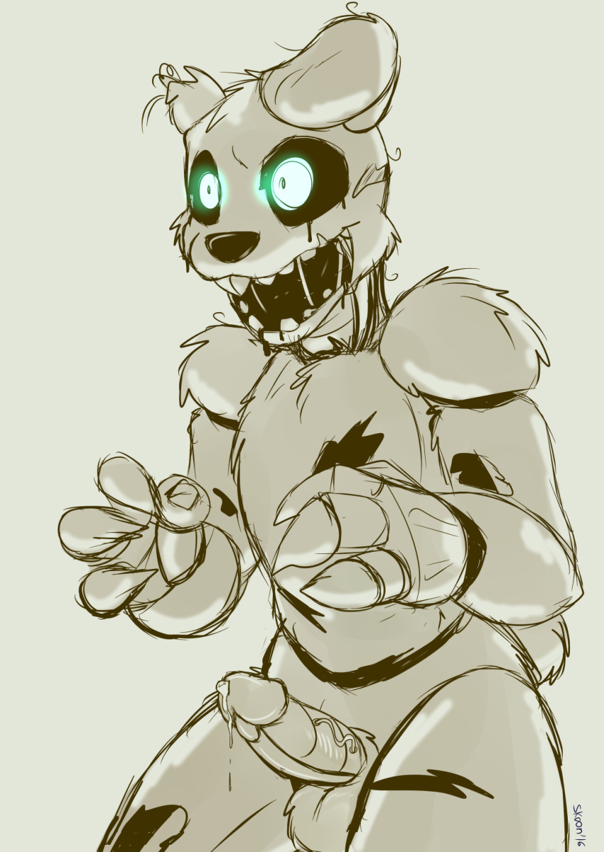 2016 4_fingers animatronic anthro balls bodily_fluids erection fingers five_nights_at_freddy's five_nights_at_freddy's_3 fur genital_fluids genitals glowing glowing_eyes grey_background hi_res humanoid_genitalia humanoid_penis lagomorph leporid machine male mammal nude open_mouth penis precum robot robotic_penis scottgames signature simple_background skoon solo springtrap_(fnaf) teeth