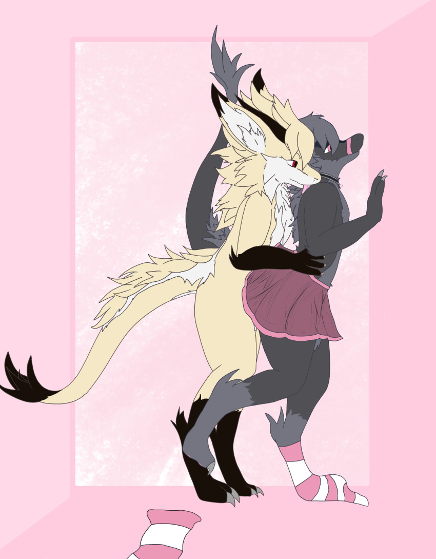 anthro bottomwear clothing digital_media_(artwork) dragon duo female hi_res licking male male/female male/male nardoragon raised_tail randoroa skirt tail tongue tongue_out warmers