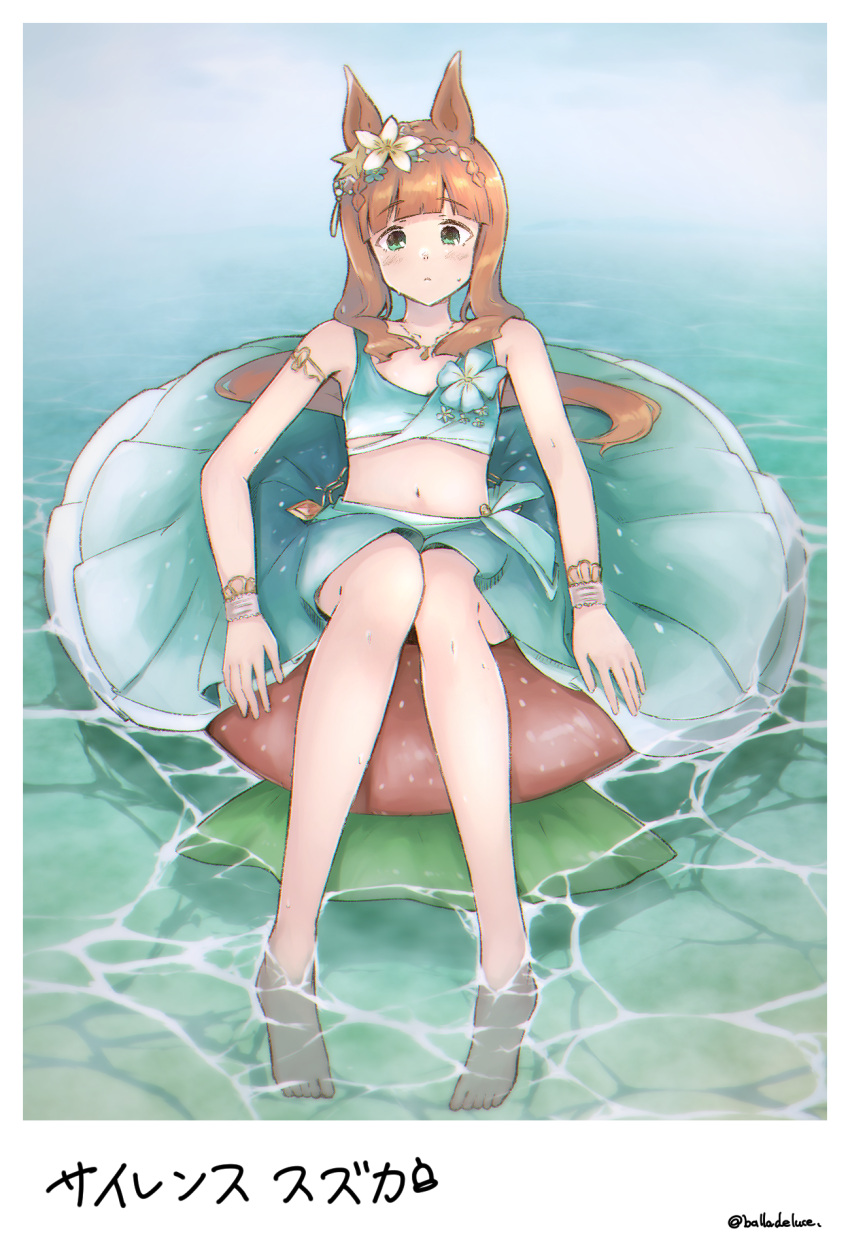 1girl animal_ears aqua_eyes arm_strap balladeluce barefoot blue_sarong bracelet braid breasts closed_mouth commentary_request crown_braid ear_ornament highres hime_cut horse_ears horse_girl horse_tail innertube jewelry looking_at_viewer navel necklace ocean official_alternate_costume outdoors sarong silence_suzuka_(emerald_on_the_waves)_(umamusume) silence_suzuka_(umamusume) small_breasts solo swimsuit tail twitter_username umamusume water wet